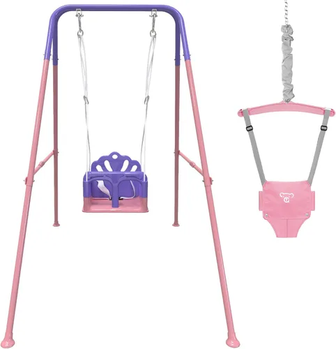 Vista 9 de Juego de columpio plegable para bebé y niño pequeño, uso en interiores y exteriores, columpio con rebotador para bebé, juego de columpio seguro