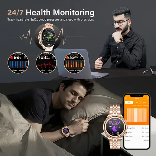Vista 5 de Reloj inteligente de lujo de alta gama para hombres, esfera giratoria (bisel de corte de hacha) smartwatch, pantalla AMOLED de 1.32 pulgadas Dorado