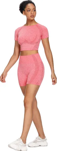 Vista 6 de Sytiz Conjunto de 2 piezas de yoga sin costuras para mujer, pantalones cortos de gimnasio y camiseta corta de manga corta