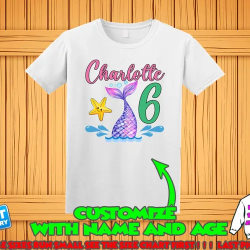Vista 7 de Camisa de cumpleaños de sirena, camiseta personalizada con cola de sirena, camiseta de sirena personalizada, camisas familiares de sirena, camisetas