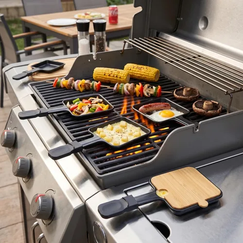 Vista 7 de Paquete de 4 sartenes de raclette prémium con mango extendido, mini sartenes antiadherentes para fundir queso para barbacoa al aire libre, sartén