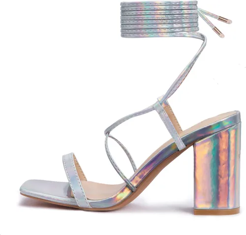 Vista 2 de Elisabet Tang Sandalias de tacón grueso con tiras para mujer, tacones bajos de 3 pulgadas, con cordones, tacón cruzado en el tobillo, puntera