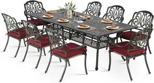 Vista 13 de VIVIJASON Juego de comedor al aire libre de 9 piezas, juego de mesa y sillas de patio de aluminio fundido para 8, incluye mesa rectangular de 94.5