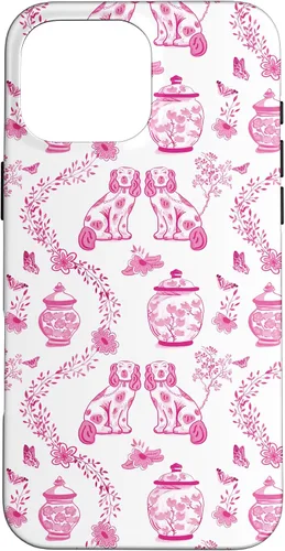 Vista 19 de Preppy - Carcasa para iPhone 16, diseño de perros y tarros de jengibre, color rosa y blanco