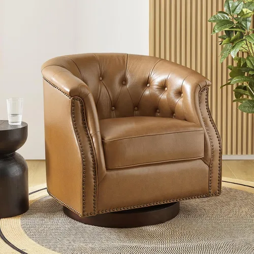 Vista 9 de HULALA HOME Silla mecedora giratoria de cuero auténtico, totalmente montada Beige