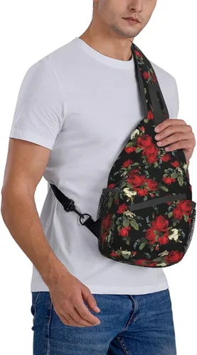 Vista 8 de Junong Bolso bandolera bandolera para viajes, senderismo, pecho, mochila deportiva para mujeres y hombres, Patrón floral de rosas rojas