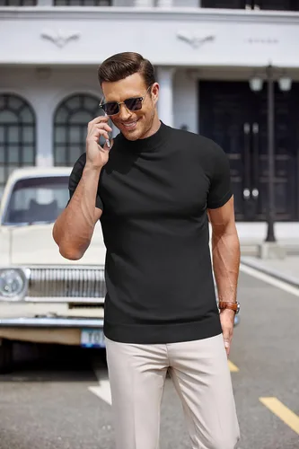 Vista 2 de COOFANDY Suéter de cuello alto falso para hombre, de manga corta, color sólido, básico, ajustado, de punto