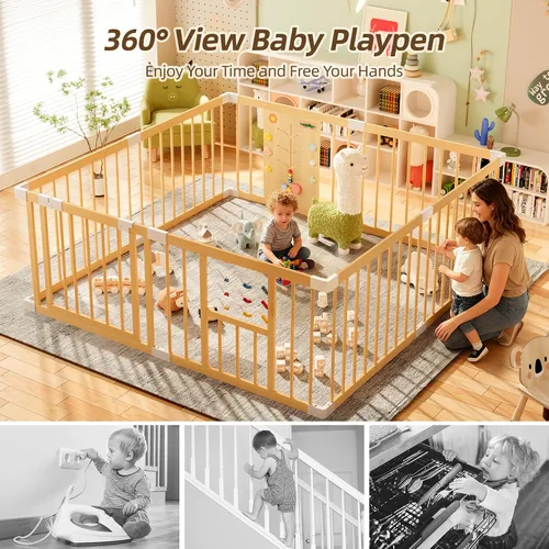 Vista 5 de Xilingol Corralito de madera para bebés con puerta de bloqueo, corralito extragrande para bebés y niños pequeños, centro de actividades