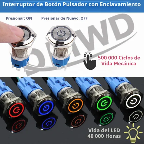 Vista 2 de 5 piezas de interruptor de botón de presión de cierre de metal de 16 mm impermeable, carcasa plateada, 12V-24V, 1NO 1NC, encendido/apagado
