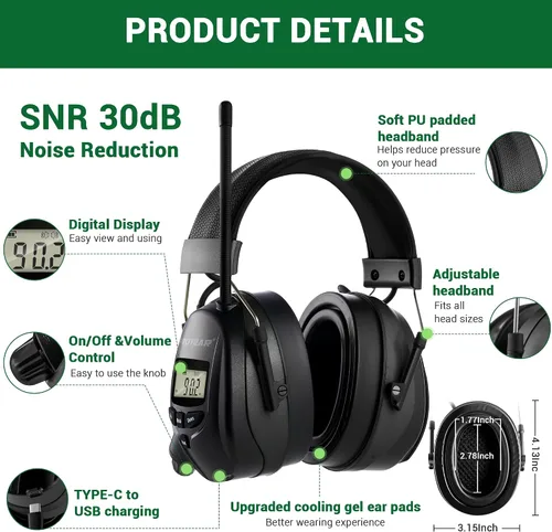 Vista 2 de Auriculares de radio AM FM mejorados con Bluetooth 5.4, orejeras de seguridad NRR de 25 dB para reducción de ruido, auriculares digitales