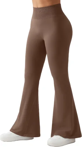 Vista 6 de RUUHEE Pantalones de yoga cruzados acanalados para mujer con bolsillos, cintura alta, acampanados, leggings acampanados