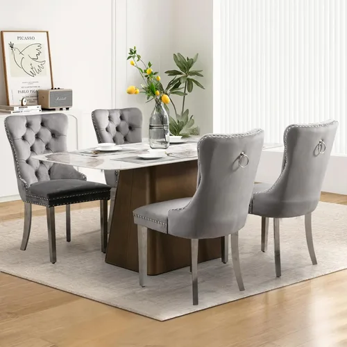 Vista 85 de Juego de 2 sillas de comedor tapizadas de tela de lino, sillas de cocina modernas de mediados de siglo con respaldo alto, ribete de cabeza de clavo