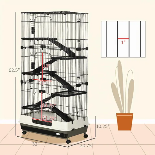 Vista 7 de Jaula para animales pequeños de 6 niveles PawHut con ruedas, bandeja extraíble, plataforma y rampa para conejos, chinchillas, hurones, color negro
