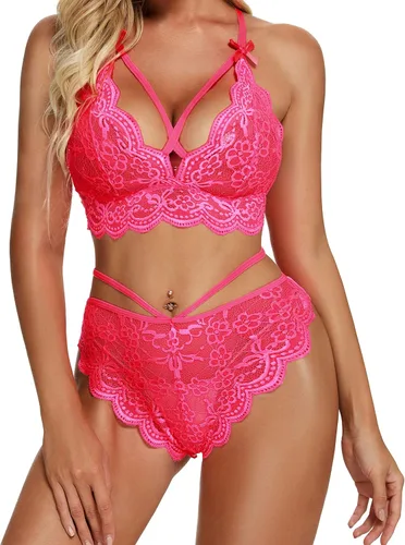 Vista 3 de Conjunto de lencería sexy de brasier y pantaletas con correas finas, de encaje