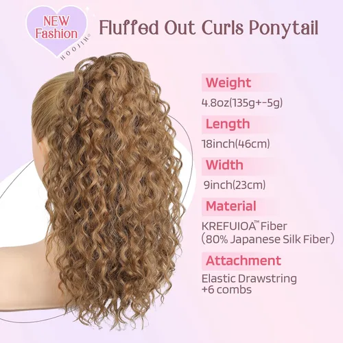 Vista 2 de HOOJIH Extensión de cola de caballo, extensiones de cabello rizado ondulado con cordón, extensiones de cola de caballo falsas extra esponjosas Rubio