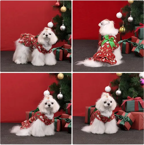 Vista 2 de CuteBone Vestido de Navidad para perro, falda de doble capa, traje de gato, ropa para perros pequeños, disfraz de cumpleaños, DR29L