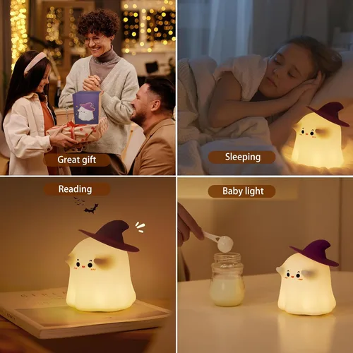 Vista 7 de Luz nocturna fantasma para niños: bonita lámpara LED - Luz nocturna de silicona regulable para guardería - Lámpara táctil de noche de noche