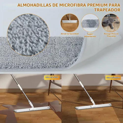 Vista 4 de Trapeador plano de microfibra para limpieza de pisos, base de aluminio de 18 pulgadas (17.7 pulgadas/17.7 in), mango ajustable de acero inoxidable