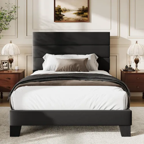 Vista 14 de WEEWAY Base de cama tamaño individual con cabecera tapizada de tela de lino y soporte de listones de madera, base de colchón resistente, no necesita