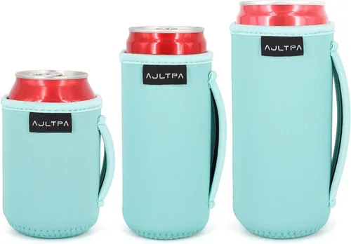 Vista 33 de 3 Pack de fundas aisladas reutilizables de neopreno con asa para soda, bebida energética, refresco, cerveza, seltzer duro, fundas para latas de 12