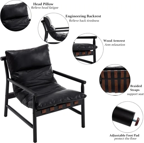 Vista 3 de Kmax Silla decorativa moderna tapizada de piel sintética, cómoda silla de descanso con marco de madera maciza para dormitorio, sala de lectura Negro