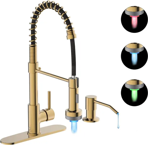 Vista 22 de Llave de cocina negra con luz LED, llave de cocina con dispensador de jabón, llave para fregadero de cocina, llave de cocina de acero inoxidable