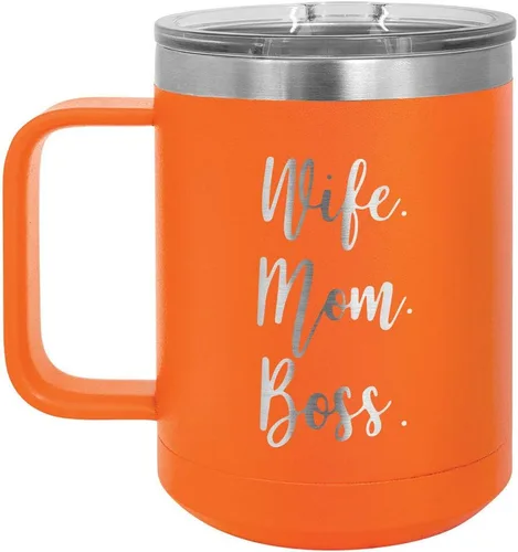 Vista 8 de WIFE MOM BOSS Black 15 oz Coffee Cup w/Slide Top Lid Insulated Travel Coffee Mug Birthday Or Christmas Gift Ideas From Women or Men Compare To
