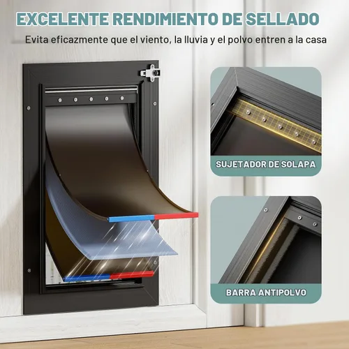 Vista 2 de Puerta de perro para puerta totalmente de aluminio con 3 solapas negras, puerta para perros grandes, puerta resistente para mascotas para perros