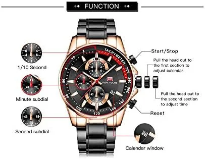 Vista 6 de MF MINI FOCUS Reloj cronógrafo de cuarzo para hombre, pulsera de eslabones de acero inoxidable, resistente al agua, luminoso