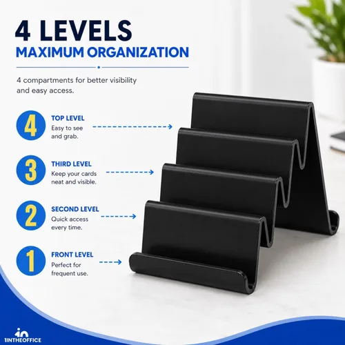 Vista 4 de 1InTheOffice Tarjetero de plástico para escritorio, 4 compartimentos, soporte para tarjetas de varios niveles, color negro