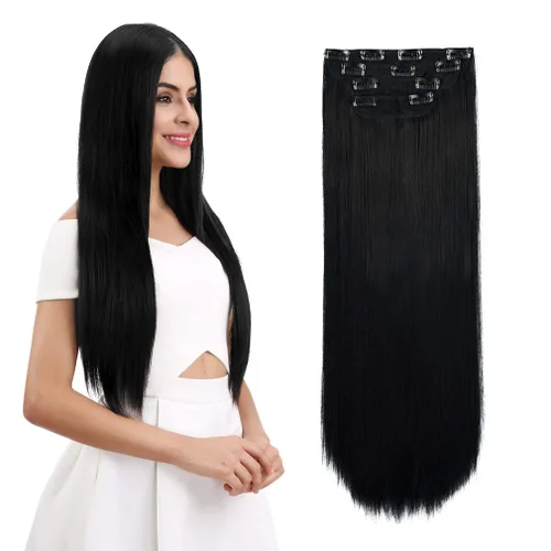 Vista 41 de REECHO - Juego de 4 extensiones de cabello sintético con clip de 12 pulgadas, 14 pulgadas y 16 pulgadas, lacio, largo y grueso, marrón oscuro
