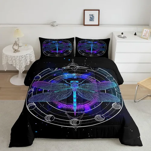 Vista 52 de Castle Fairy Juego de edredón con diseño de gato lindo para niños, tamaño twin, juego de ropa de cama con hojas de flores, luna, noche y cielo