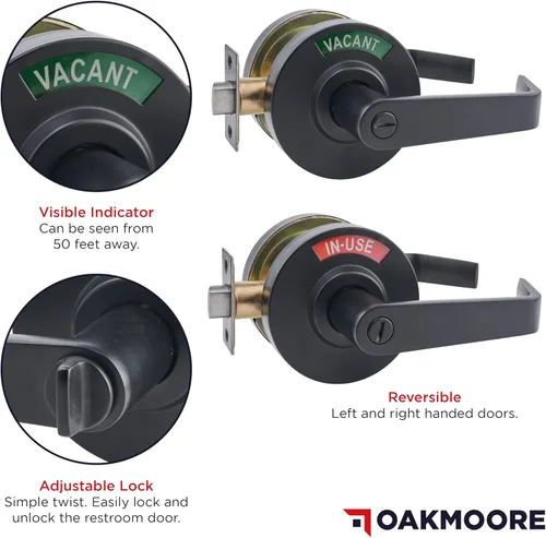 Vista 4 de Oakmoore Manija de puerta comercial - Cerradura de baño ocupada vacante Cerradura de puerta de baño negra para edificios públicos e industriales