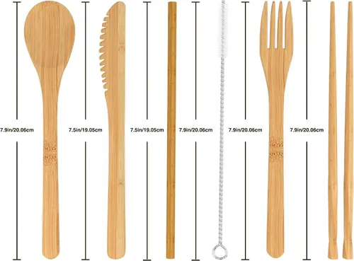 Vista 4 de Juego de cubiertos de bambú natural de 8 piezas, kit portátil que incluye popote de madera reutilizable, cuchara, palillos, tenedor, cepillo