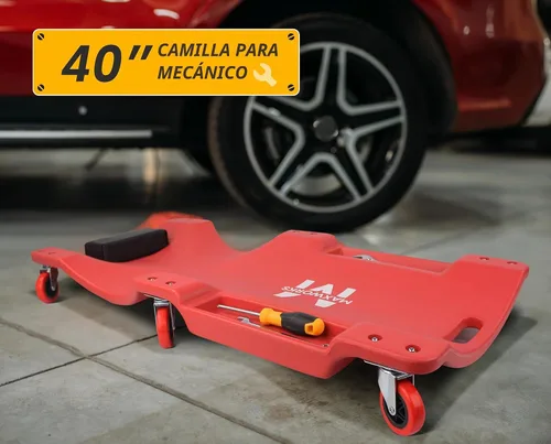 Vista 6 de MaxWorks 50874 carretilla de garaje con ruedas de plástico de 40 pulgadas con apoyacabezas acolchado y dos charolas para herramientas, 300 libras