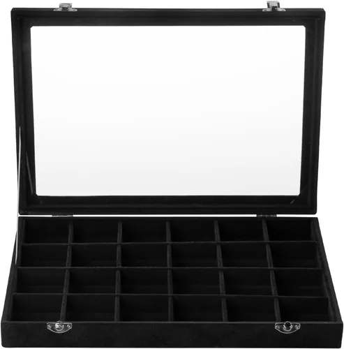 Vista 2 de Frebeauty Bandeja de joyería de terciopelo, organizador de joyas de 24 rejillas con tapa transparente, organizador de aretes con cierre, anillos