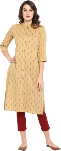 Vista 3 de Janasya Kurta de algodón beige indio para mujer