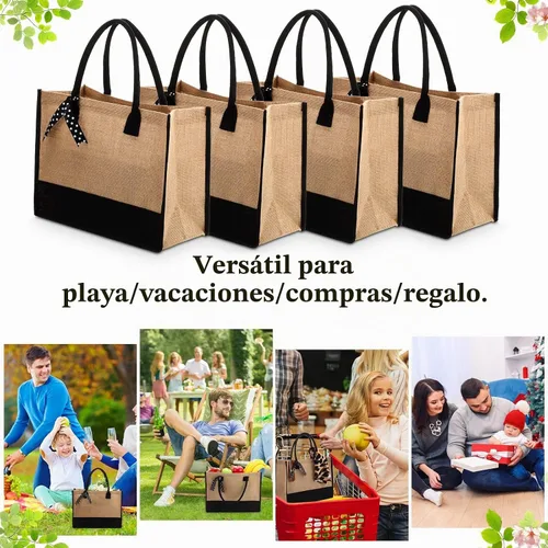 Vista 6 de Peryiter Juego de 8 bolsas de yute negras con asas, bolsas de arpillera grandes reutilizables con cinta de lunares para regalo de dama de honor