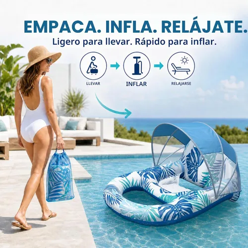 Vista 4 de Pool Float for Adults with Canopy, Inflatable Chair Lounge Floaties with Adjustable Sun Shade Cover, Drink Holder, Ergonomic Headrest