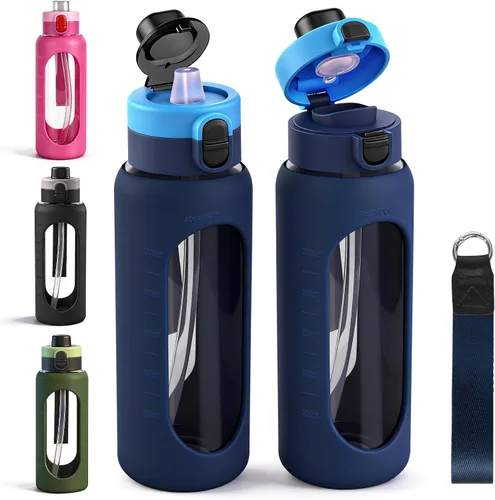 Vista 11 de ANOTION Botella de agua de vidrio de 24 onzas con popote y funda de Negro