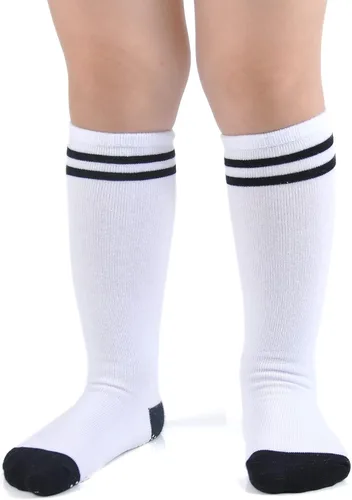 Vista 3 de EPEIUS Calcetines altos hasta la rodilla con agarre antideslizante Toddller Athletic Stripe Team Tube Calcetines para niños y niñas, paquete de 5