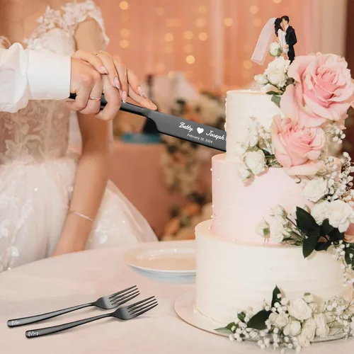Vista 4 de Juego de cuchillos y servidores personalizados para tartas de boda, tenedores de acero inoxidable, cortador de tartas, juego de corte de pastel