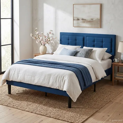Vista 3 de VECELO Base de cama tamaño matrimonial, cabecera tapizada ajustable con botones, marco de cama resistente con soporte de listones de madera,