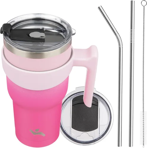 Vista 34 de Konokyo - Vaso de 10 onzas con asa y 2 popotes, 2 tapas, botella de agua aislada de acero inoxidable, taza de viaje reutilizable, color verde militar
