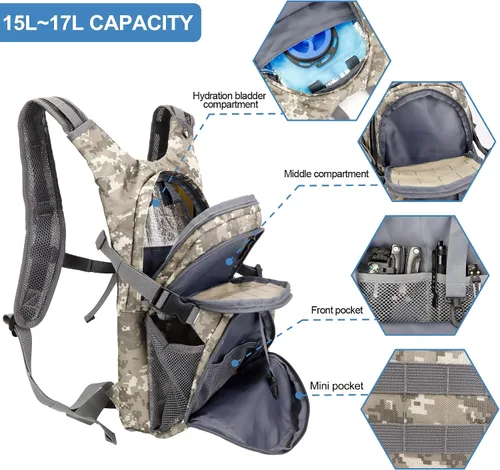 Vista 4 de Mochila táctica de hidratación de 2 litros, bolsa de agua ligera y duradera para senderismo, correr, aventuras al aire libre, correas ajustables