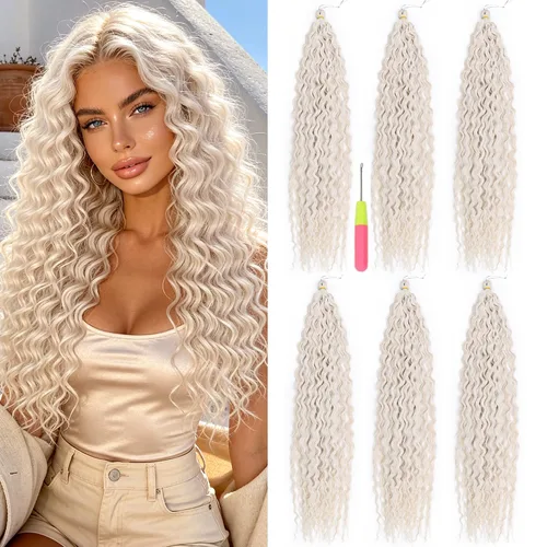 Vista 16 de MAYSA Cabello ondulado de ganchillo azul, cabello ondulado con ganchillo para mujer, extensiones de cabello sintético de onda profunda de 22