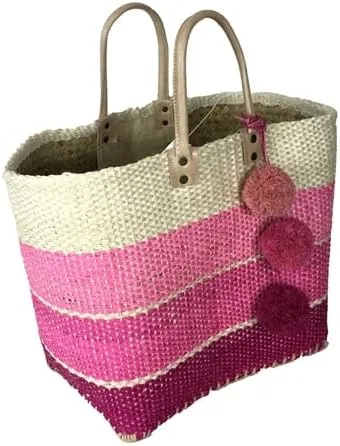 Vista 3 de Mar Y Sol Samana Ombre - Bolsa de playa con pompones y diseño de sisal