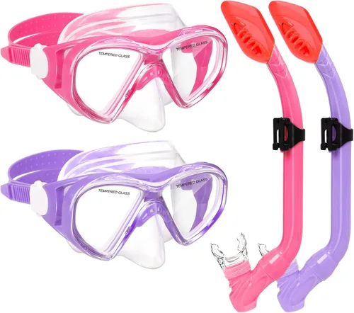 Vista 9 de 2 Sets Snorkeling Gear for Kids, Kids Snorkel Set for Ages 6-14, Dry Top Snorkel Mask Set for Youth Boys Girls Junior, Tempered Glass Diving