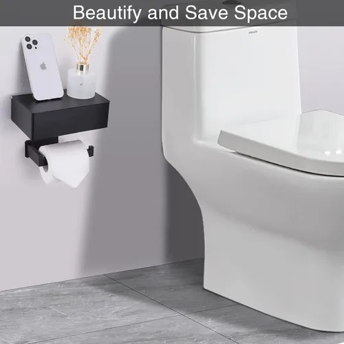 Vista 4 de Soporte de papel higiénico adhesivo con estante y almacenamiento, juego de soporte de rollo de papel higiénico montado en la pared y dispensador