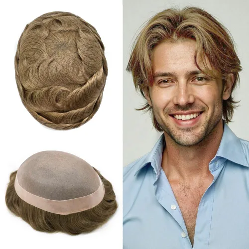 Vista 51 de Fine Mono Men Hair System Mens Toupee Real Human Hair Pieces For Men's Toupee Hair System For Men Hair Piece Natural Hairline 6X8 densidad de luz